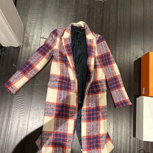 Zara twill wool red blue and white duster coat
